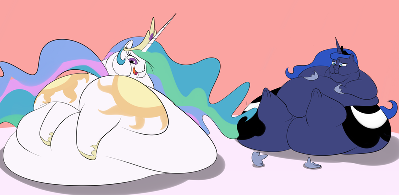 Size: 1500x733 | Tagged: artist:astr0zone, belly, big belly, blob, chubby cheeks, chubbylestia, derpibooru import, double chin, fat, immobile, impossibly large belly, impossibly large butt, large butt, moonbutt, morbidly obese, obese, plot, princess celestia, princess luna, princess moonpig, questionable, royal fitness, royal sisters, sunbutt, weight gain