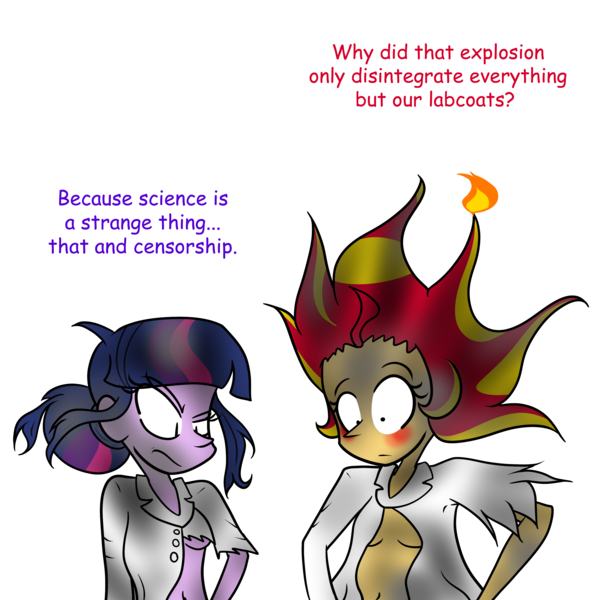 Size: 3509x3500 | Tagged: suggestive, artist:shadowring123, derpibooru import, sci-twi, sunset shimmer, twilight sparkle, human, equestria girls, rainbow rocks, belly button, breasts, commission, explosion, fourth wall, hilarious in hindsight, sunset the science gal