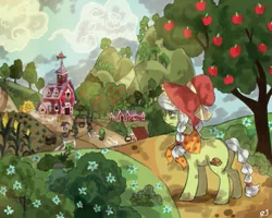 Size: 745x596 | Tagged: artist:rt, derpibooru import, granny smith, pixiv, safe, scenery, solo, sweet apple acres, younger, young granny smith