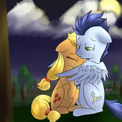 Size: 1500x1500 | Tagged: safe, artist:lilfaux, derpibooru import, applejack, soarin', earth pony, pegasus, comforting, crack shipping, crying, female, floppy ears, hatless, hug, male, mare, missing accessory, shipping, soarinjack, spread wings, stallion, straight, winghug
