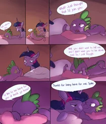 Size: 1280x1493 | Tagged: safe, artist:imsokyo, derpibooru import, spike, twilight sparkle, dragon, pony, unicorn, comic:cold tea, daily life of spike, bed, blanket, comic, dialogue, female, male, mare, on bed, one eye closed