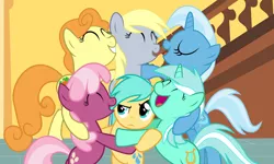 Size: 5568x3342 | Tagged: safe, artist:punzil504, derpibooru import, carrot top, cheerilee, derpy hooves, golden harvest, lyra heartstrings, sunshower raindrops, trixie, pegasus, pony, alternate mane six, alternate universe, female, group hug, hug, lunaverse, mare