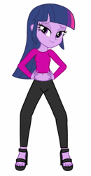 Size: 374x720 | Tagged: suggestive, artist:bluse, derpibooru import, twilight sparkle, equestria girls, animated, bedroom eyes, belly button, dancing, exid, eyebrows, eyelashes, feet, female, hair, hand on hip, high heels, midriff, multicolored hair, parody, purple eyes, sandals, sexy, show accurate, simple background, smiling, solo, solo female, stupid sexy twilight, toes, up & down, white background