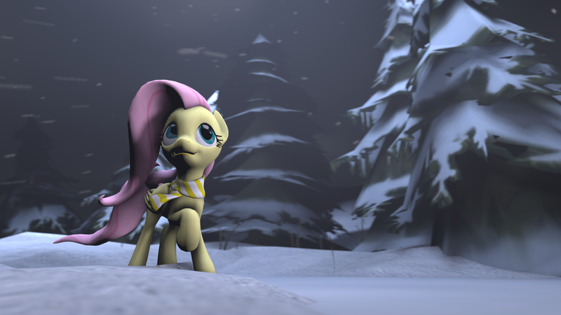 Size: 1920x1080 | Tagged: 3d, artist:fd-daylight, clothes, fluttershy, night, safe, scarf, snow, snowfall, solo, source filmmaker, tree, winter