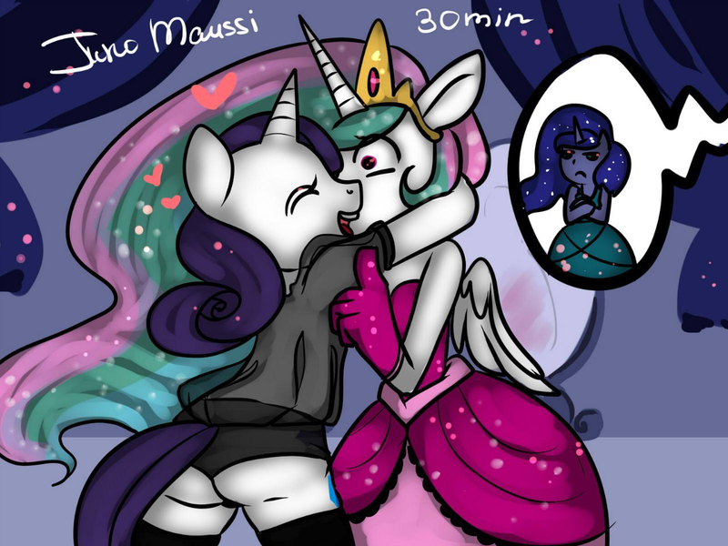 Size: 1280x960 | Tagged: anthro, artist:yukomaussi, clothes, dress, princess celestia, princess luna, rarity, suggestive