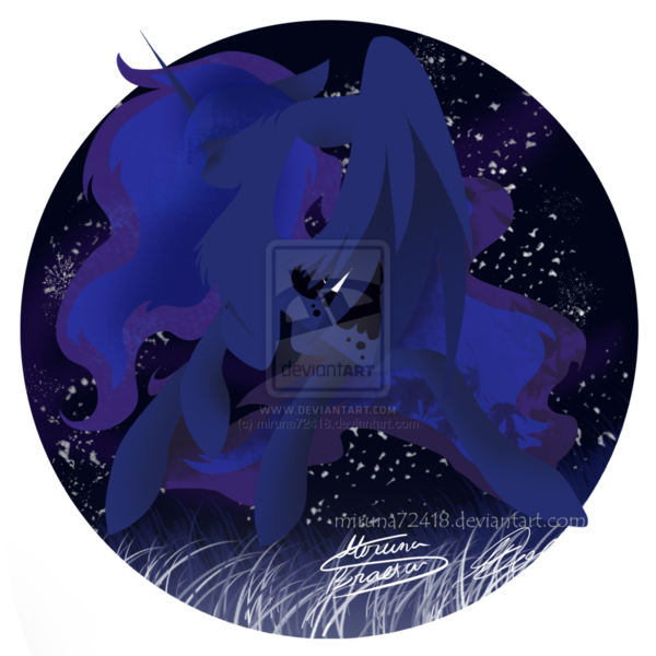 Size: 1024x1024 | Tagged: dead source, safe, artist:mirunacipsi, derpibooru import, princess luna, alicorn, pony, deviantart watermark, female, floppy horn, horn, mare, modern art, night, obtrusive watermark, solo, watermark