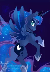 Size: 600x849 | Tagged: safe, artist:mmishee, derpibooru import, princess luna, alicorn, pony, cutie mark, female, flying, hooves, horn, lineless, mare, solo, spread wings, underhoof, wings