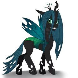 Size: 2000x2000 | Tagged: artist:artisan-garden, artist:pizzapupperroni, changeling, female, floppy ears, grin, horn, looking at you, queen chrysalis, safe, simple background, smiling, solo, standing, teeth, transparent background, wings