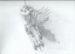 Size: 1024x745 | Tagged: safe, artist:lollipony, derpibooru import, princess luna, alicorn, pony, armor, female, flying, grayscale, halberd, mare, monochrome, simple background, solo, traditional art, warrior luna, white background