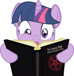 Size: 880x907 | Tagged: anton lavey, book, derpibooru import, religion, safe, satanism, solo, the satanic bible, this will end in heresy, twilight sparkle