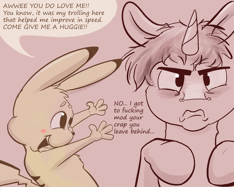 Size: 800x640 | Tagged: safe, artist:pikapetey, derpibooru import, pikachu, pony, unicorn, derpibooru, annoyed, blushing, chest fluff, duo, fluffy, forum, frown, hug request, lidded eyes, male, meta, open mouth, pikapetey, pokémon, smiling, stallion, the smiling pony, vulgar