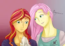 Size: 2000x1400 | Tagged: safe, artist:chiweee, derpibooru import, fluttershy, sunset shimmer, rabbit, equestria girls, cute, female, lesbian, shimmerbetes, shipping, sunshyne