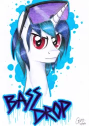 Size: 2477x3473 | Tagged: safe, artist:creytor, derpibooru import, vinyl scratch, unicorn, abstract background, dj col-7, horn, male, record scrape, rule 63, solo, stallion, text