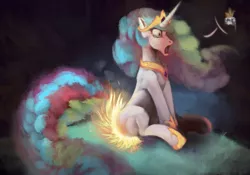 Size: 1000x700 | Tagged: artist:kheltari, burning, crying, fire, hot, hot buns, marshmallow, open mouth, princess celestia, safe, sitting, solo, this ended in fire, wide eyes