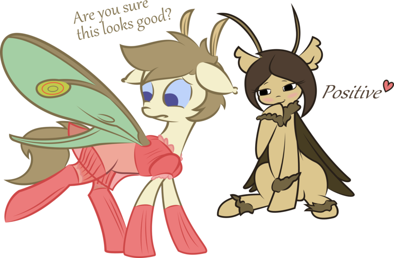 Size: 4012x2627 | Tagged: suggestive, artist:plone, derpibooru import, oc, oc:moon dust, oc:sepia, unofficial characters only, mothpony, original species, pony, blushing, clothes, crossdressing, dialogue, duo, female, heart, lingerie, male, mare, see-through, simple background, socks, stallion, transparent background, vector