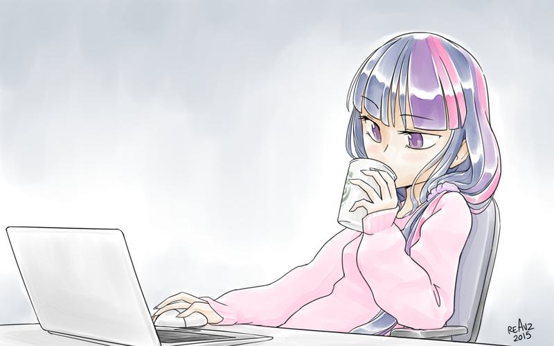 Size: 1536x960 | Tagged: artist:reavz, chair, clothes, computer, computer mouse, derpibooru import, drinking, female, human, humanized, laptop computer, safe, sitting, solo, twilight sparkle