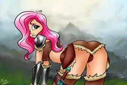 Size: 1280x853 | Tagged: artist:drizziedoodles, ass, crossover, derpibooru import, dovahshy, female, fluttershy, human, humanized, lip bite, skyrim, solo, solo female, suggestive, sword, the elder scrolls
