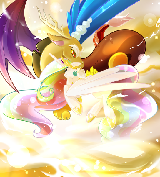 Size: 1280x1413 | Tagged: safe, artist:aaynra, derpibooru import, discord, princess celestia, dislestia, female, male, nuzzling, shipping, straight