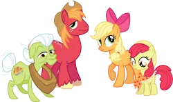 Size: 3565x2117 | Tagged: safe, artist:porygon2z, derpibooru import, apple bloom, applejack, big macintosh, granny smith, earth pony, pony, accessory swap, apple family, male, simple background, stallion, transparent background, vector