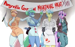 Size: 3212x2000 | Tagged: semi-grimdark, suggestive, artist:amaraburrger, derpibooru import, nurse coldheart, nurse redheart, nurse snowheart, nurse sweetheart, nurse tenderheart, anthro, earth pony, big breasts, blood, borderlands, breasts, busty nurse redheart, busty nurse snowheart, busty nurse tenderheart, cleavage, clothes, cosplay, costume, female, females only, jacket, knife, konami, mare, nightmare night, nightmare night costume, nurse, nurse nina, nurse outfit, nurse ratched, nurse valentine, one flew over the cuckoo's nest, partial nudity, quartet, silent hill, skullgirls, surgical mask, sword, syringe, weapon