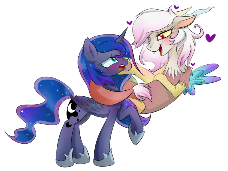 Size: 3325x2494 | Tagged: safe, artist:magnaluna, derpibooru import, discord, princess luna, alicorn, pony, adoreris, blushing, cute, eris, fangs, female, half r63 shipping, horn, lesbian, lunacord, mare, not sure if want, open mouth, raised hoof, rule 63, rule63betes, shipping, simple background, transparent background, unamused