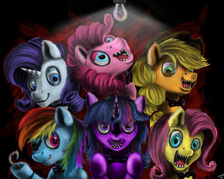 Size: 1024x819 | Tagged: animatronic, applefreddy, applefreddy fazjack's pizzeria, applejack, crossover, derpibooru import, five nights at aj's, five nights at freddy's, flutterchica, fluttershy, foxy dash, mane six, pinkie pie, rainbow dash, rainbow foxy, rarity, robot, semi-grimdark, twibon, twilight sparkle