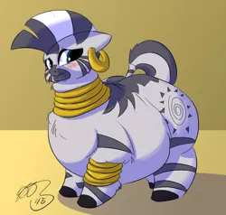 Size: 1112x1060 | Tagged: artist:093, belly, big belly, blushing, cute, fat, female, floppy ears, fluffy, looking at you, obese, smiling, solo, solo female, suggestive, zebra, zecobese, zecora