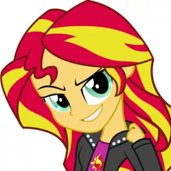 Size: 299x300 | Tagged: source needed, safe, artist:hakunohamikage, derpibooru import, sunset shimmer, equestria girls, eyebrows, grin, looking at you, simple background, smiling, smirk, vector, white background