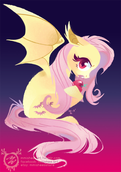 Size: 600x849 | Tagged: safe, artist:mmishee, derpibooru import, fluttershy, bat pony, pony, apple, bat wings, cutie mark, fangs, female, floppy ears, flutterbat, hooves, lineless, mare, sitting, solo, spread wings, wings