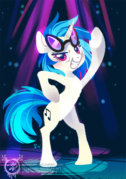 Size: 600x849 | Tagged: safe, artist:mmishee, derpibooru import, vinyl scratch, pony, unicorn, bipedal, cutie mark, female, glasses, grin, hooves, horn, lineless, mare, smiling, solo, sunglasses, teeth