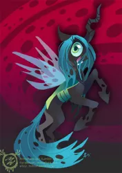 Size: 600x849 | Tagged: artist:mmishee, changeling, fangs, female, hooves, horn, lineless, open mouth, queen chrysalis, rearing, safe, solo