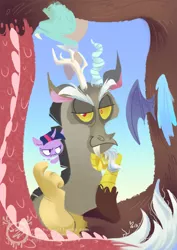 Size: 600x849 | Tagged: safe, artist:mmishee, derpibooru import, discord, twilight sparkle, pony, unicorn, annoyed, female, horn, lineless, mare