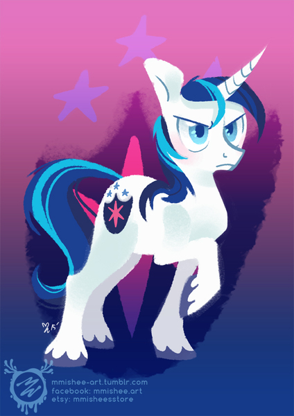 Size: 600x849 | Tagged: safe, artist:mmishee, derpibooru import, shining armor, pony, unicorn, colored hooves, cutie mark, cutie mark background, hooves, horn, lineless, male, raised hoof, solo, stallion