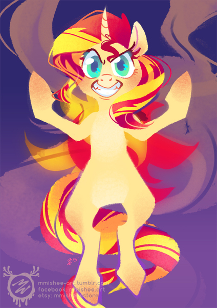 Size: 600x849 | Tagged: safe, artist:mmishee, derpibooru import, sunset shimmer, pony, unicorn, female, floating, grin, hooves, horn, lineless, looking at you, mare, smiling, solo, teeth