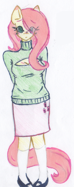 Size: 303x765 | Tagged: anthro, artist:fiji-firefox, clothes, fluttershy, keyhole turtleneck, open-chest sweater, safe, solo, sweater, sweatershy, traditional art, turtleneck