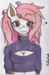 Size: 450x689 | Tagged: anthro, artist:fiji-firefox, belly button, clothes, flutterbat, fluttershy, keyhole turtleneck, midriff, open-chest sweater, safe, solo, sweater, sweatershy, traditional art, turtleneck