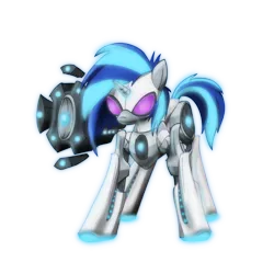 Size: 2100x2100 | Tagged: armor, artist:zedrin, badass, bass cannon, cyberpunk, derpibooru import, glow, glowing horn, mask, powered exoskeleton, safe, solo, vinyl scratch