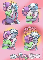 Size: 869x1200 | Tagged: anthro, artist:kaemantis, biting, blushing, clothes, cute, derpibooru import, female, heart, horses doing horse things, kissing, lesbian, licking, neck licking, pajamas, safe, shipping, silverbelle, silver spoon, sweetie belle