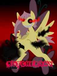 Size: 1200x1600 | Tagged: artist:christomwow, black sclera, butchershy, derpibooru import, fluttershy, glowing eyes, grimdark, grin, solo, stitches