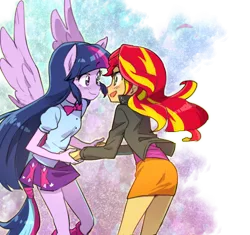 Size: 600x565 | Tagged: dead source, safe, artist:baekgup, derpibooru import, sunset shimmer, twilight sparkle, twilight sparkle (alicorn), equestria girls, rainbow rocks, aura, blushing, boop, clothes, cute, eye contact, female, holding hands, imminent boop, imminent kissing, imminent noseboop, lesbian, looking at each other, noseboop, open mouth, ponied up, pony ears, shimmerbetes, shipping, simple background, skirt, smiling, sparkles, spread wings, sunsetsparkle, tail, transparent background, twiabetes, wings