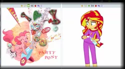 Size: 1257x694 | Tagged: safe, artist:quizia, artist:zuko42, derpibooru import, pinkie pie, sunset shimmer, derpibooru, equestria girls, rainbow rocks, bow, buttons, clothes, collage, exploitable meme, juxtaposition, juxtaposition win, meme, meta, off shoulder, pajamas, party cannon, smiling, whipped cream