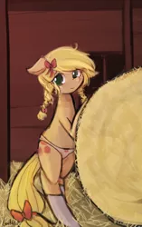 Size: 1440x2300 | Tagged: adorasexy, alternate hairstyle, applejack, artist:lumineko, clothes, cute, female, hay, jackabetes, panties, pink underwear, ribbon, semi-anthro, sexy, socks, solo, solo female, stockings, suggestive, twintails, underwear