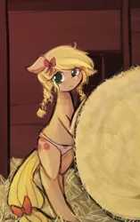 Size: 1440x2300 | Tagged: adorasexy, alternate hairstyle, applejack, artist:lumineko, clothes, cute, female, hay, jackabetes, panties, pink underwear, ribbon, semi-anthro, sexy, solo, solo female, suggestive, twintails, underwear