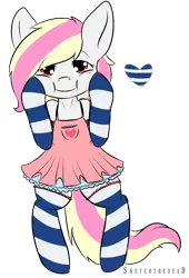 Size: 814x1200 | Tagged: artist:celestialoddity, bedroom eyes, clothes, commission, cute, derpibooru import, dress, female, filly, frilly dress, heart, :i, looking at you, oc, oc:rainy skies, safe, simple background, smiling, socks, squishy cheeks, striped socks, transparent background, unofficial characters only