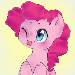 Size: 1000x1000 | Tagged: safe, artist:oouichi, derpibooru import, pinkie pie, solo, tongue out, wink