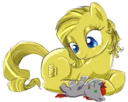 Size: 521x416 | Tagged: safe, artist:celerypony, derpibooru import, oc, oc:golden grace, oc:silver screen, unofficial characters only, pony, blank flank, female, foal, freckles, mare, mother and son