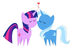 Size: 700x500 | Tagged: safe, artist:the smiling pony, derpibooru import, trixie, twilight sparkle, twilight sparkle (alicorn), alicorn, pony, cute, eyes closed, female, heart, kissing, lesbian, mare, pointy ponies, shipping, simple background, transparent background, twixie