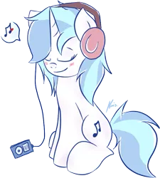 Size: 661x735 | Tagged: artist:kristysk, blushing, derpibooru import, headphones, ipod, mp3 player, music, music notes, music player, pictogram, safe, simple background, solo, transparent background, vinyl scratch