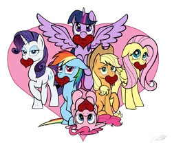 Size: 6321x5340 | Tagged: safe, artist:tsand106, derpibooru import, applejack, fluttershy, pinkie pie, rainbow dash, rarity, twilight sparkle, twilight sparkle (alicorn), alicorn, pony, absurd resolution, cute, female, hearts and hooves day, mane six, mare, mouth hold, simple background, transparent background, valentine's day, valentine's day card