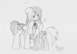 Size: 1063x751 | Tagged: safe, artist:poldekpl, derpibooru import, oc, oc:gloomy panda, oc:poldek, unofficial characters only, earth pony, pegasus, pony, facial hair, monochrome, pencil drawing, traditional art